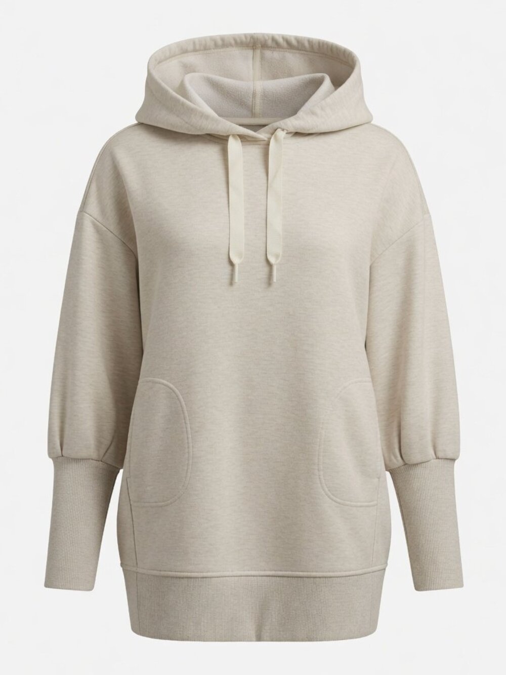 Athleta Women M Hoodie Dress Heathered Oatmeal Beige Pockets Athleisure Tunic
